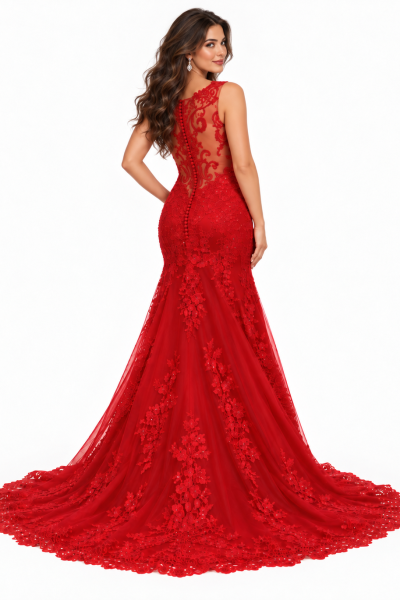 Vista posteriore dell'abito da sposa rosso a sirena con schiena effetto trasparente, bottoncini e ampio strascico in pizzo floreale.