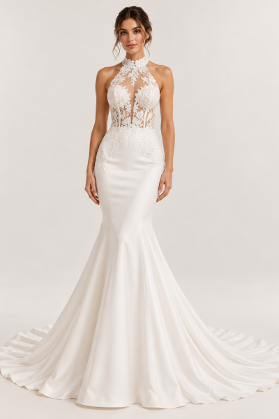 Abito da sposa a sirena avorio con collo alto all'americana in pizzo floreale, corpetto trasparente, scollo profondo e gonna svasata con strascico.