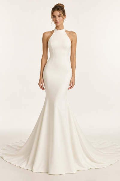 Abito da sposa a sirena avorio minimal chic con collo alto all'americana, spalle scoperte e gonna svasata con strascico.