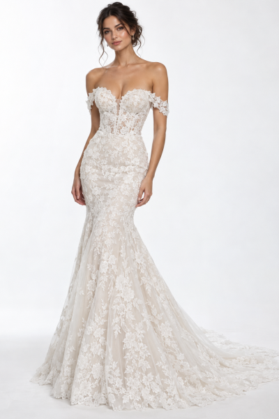 Abito da sposa a sirena in pizzo floreale con scollatura a cuore, maniche omerali e gonna svasata