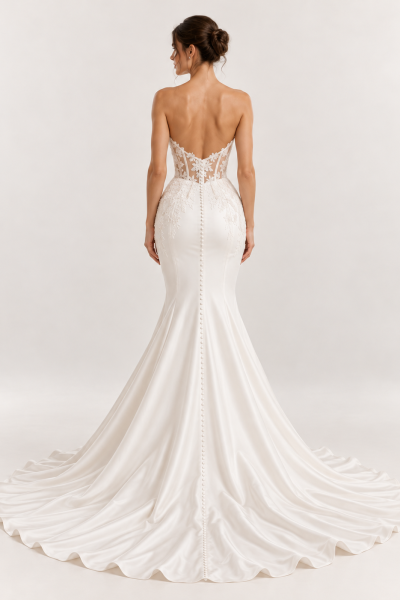 Vista posteriore abito da sposa a sirena avorio con schiena scoperta, corsetto trasparente in pizzo floreale e lunga fila di bottoncini sullo strascico.