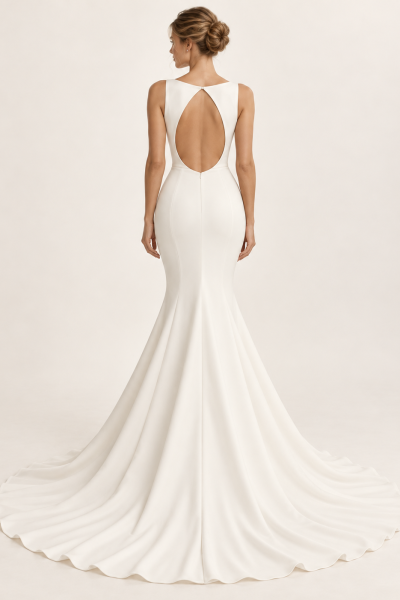 Vista posteriore di abito da sposa a sirena avorio con ampia schiena scoperta a goccia, cuciture sagomate e gonna svasata con lungo strascico.