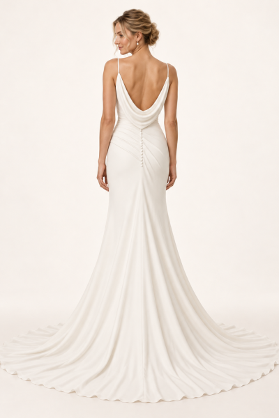 Vista posteriore abito da sposa a sirena avorio con schiena scoperta, scollo a cascata drappeggiato, bottoncini rivestiti e ampio strascico.