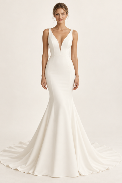 Abito da sposa a sirena avorio visto frontalmente, con scollo a V profondo, spalline larghe, corpetto liscio e gonna svasata con strascico.