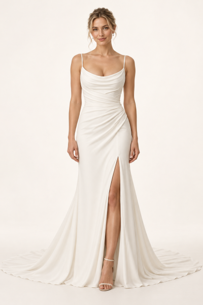 Vista posteriore abito da sposa a sirena avorio con schiena scoperta, scollo a cascata drappeggiato, bottoncini rivestiti e ampio strascico.