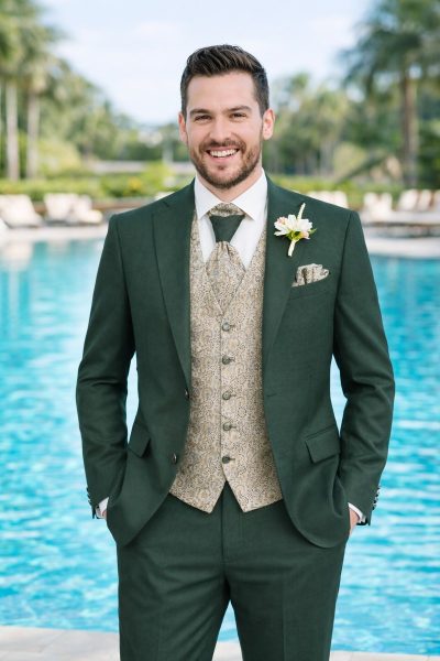 Abito da sposo verde bosco 3 pezzi con gilet damascato – vista frontale
