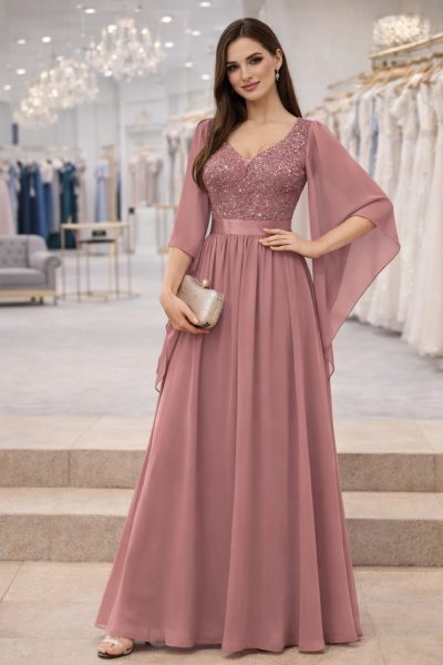 abito da cerimonia lungo elegante rosa con maniche chiffon e dettagli luminosi