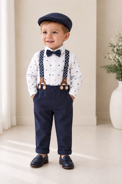 Completo battesimo bambino blu navy con body fantasia barchette bretelle e cappellino