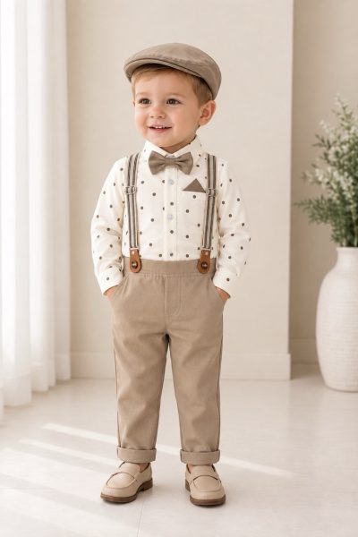 Completo battesimo bambino beige a pois con bretelle papillon e cappellino