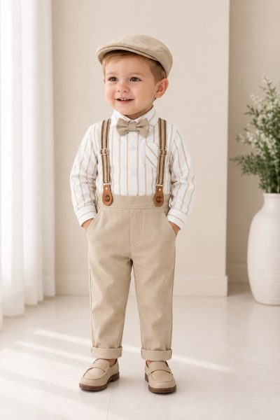 Completo battesimo bambino beige a righe con bretelle papillon e cappellino