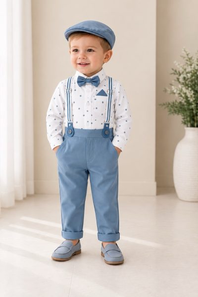 Completo battesimo bambino celeste a pois con bretelle papillon e cappellino