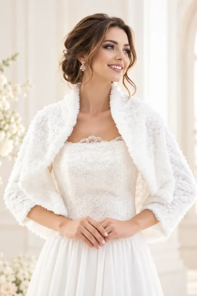Modella con coprispalle sposa avorio effetto pelliccia indossato sopra un elegante abito da sposa