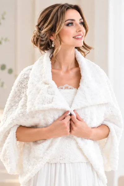 Modella con coprispalle sposa avorio effetto pelliccia, ampio collo sciallato e maniche morbide, sopra un abito nuziale in pizzo.