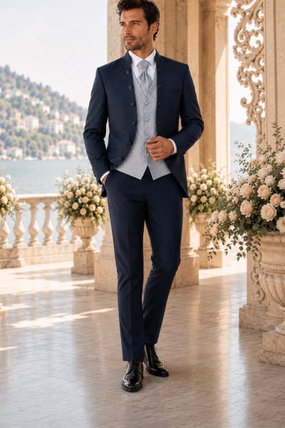 Abito da sposo blu navy con gilet grigio argento e plastron coordinato - Sposatelier