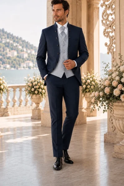 Abito da sposo blu navy con gilet grigio argento e plastron coordinato - Sposatelier