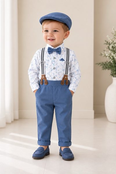 Completo battesimo bambino celeste a fantasia floreale con bretelle papillon e cappellino