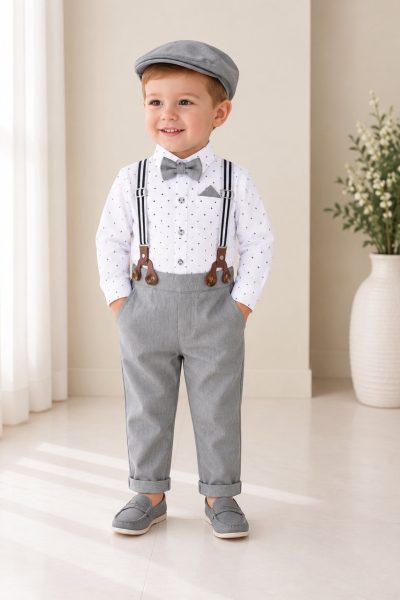Completo battesimo bambino grigio con bretelle papillon e cappellino