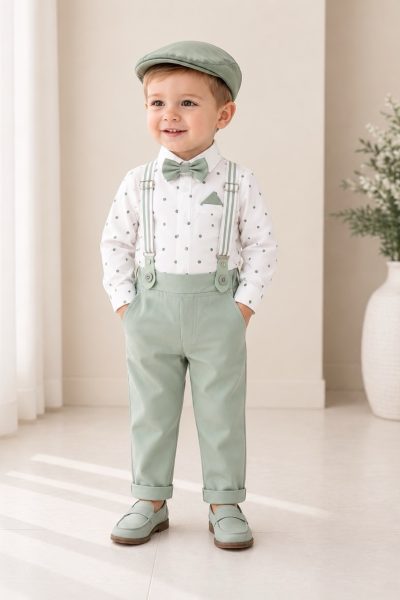 Completo battesimo bambino verde menta a pois con bretelle papillon e cappellino