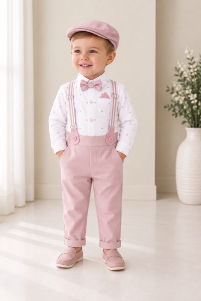Completo battesimo bambino rosa a pois con bretelle papillon e cappellino