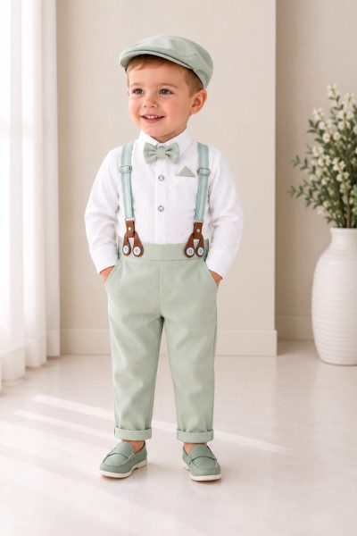 Completo cerimonia neonato verde menta con bretelle papillon e cappellino