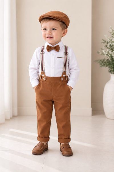 Completo battesimo bambino nocciola con bretelle papillon e cappellino