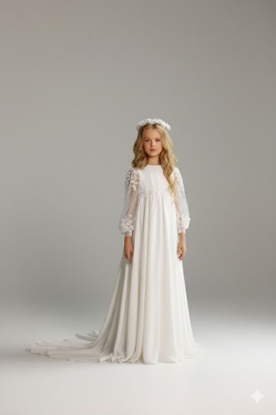 Abito da cerimonia bambina Sposatelier in pizzo 3D bianco con maniche lunghe e lungo strascico in tulle.