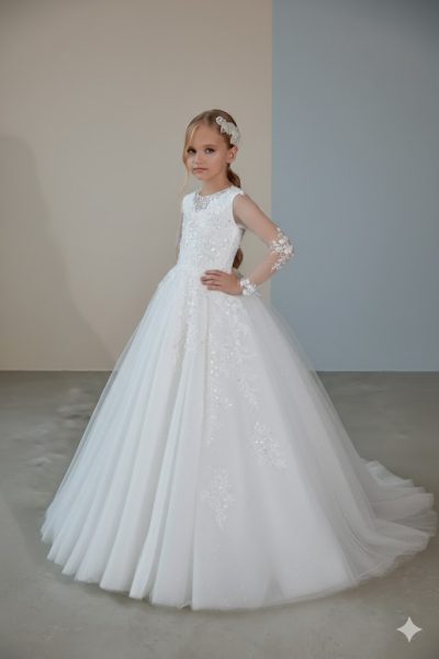 Vestito damigella bambina Sposatelier bianco con ricami fiori 3D e gonna ampia glitter.