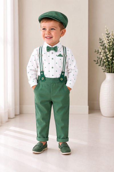 completo-battesimo-bambino-verde-pois-bretelle-cappellino.webp