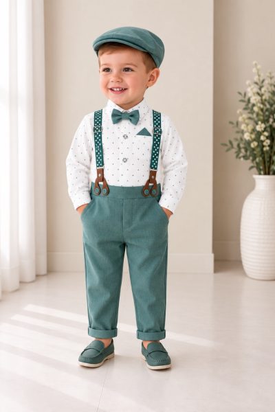 Completo battesimo bambino verde con bretelle papillon e cappellino
