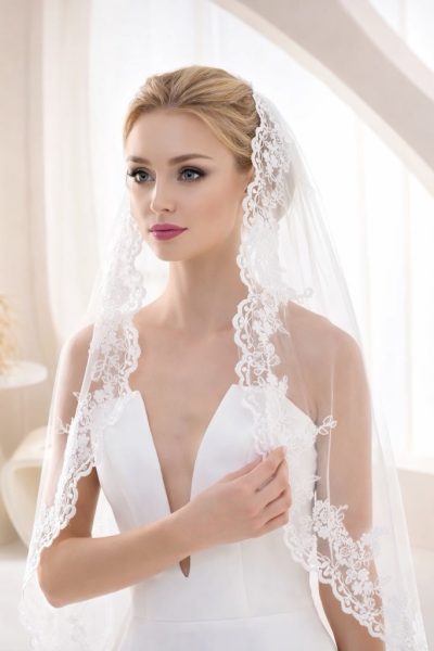 Velo da sposa in tulle con pizzo ricamato e pettine elegante