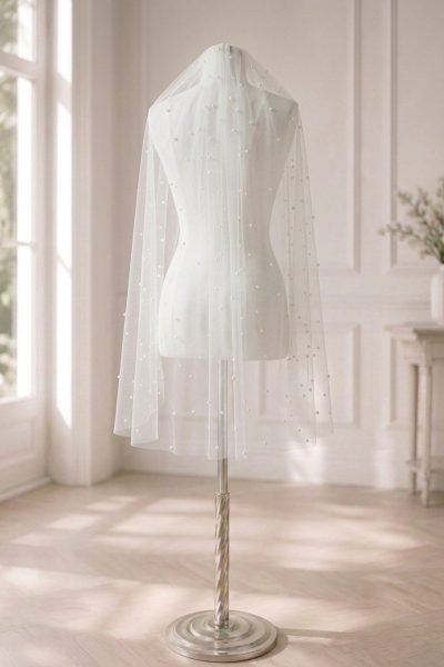 Velo da sposa corto con perle avorio in tulle GW-VL016