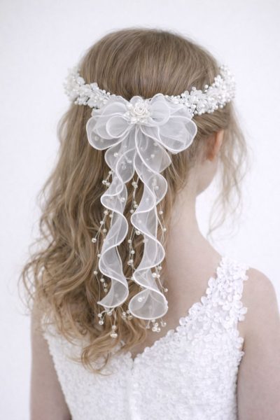Dettaglio posteriore di lusso della coroncina W 434 con maxi fiocco in organza bianca e cascata di perle lucide pendenti su capelli mossi da cerimonia